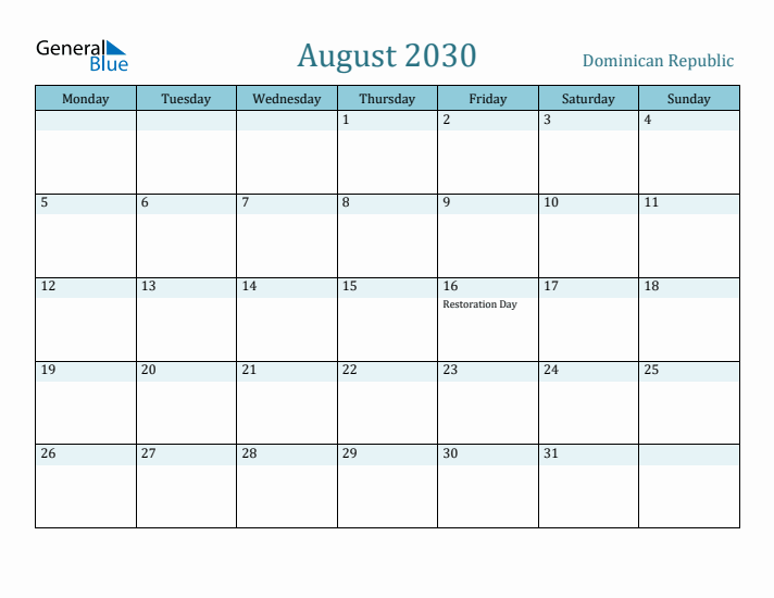 August 2030 Calendar with Holidays