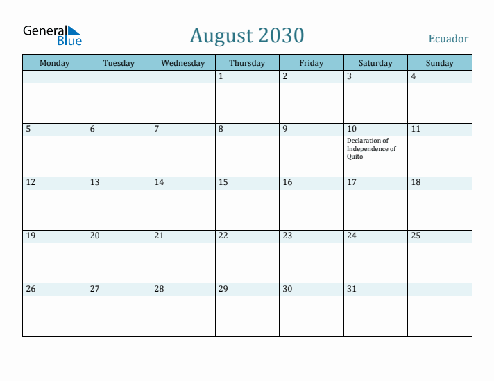 August 2030 Calendar with Holidays