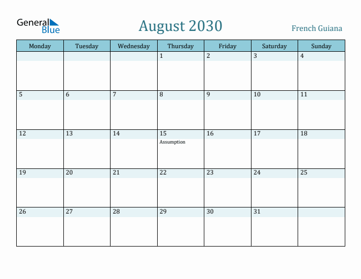 August 2030 Calendar with Holidays