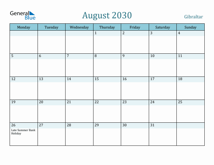 August 2030 Calendar with Holidays