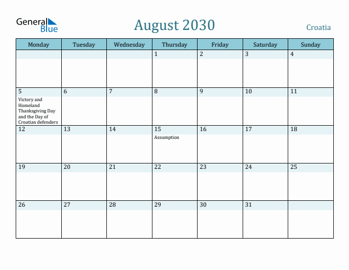 August 2030 Calendar with Holidays