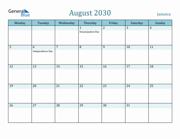 August 2030 Calendar with Holidays