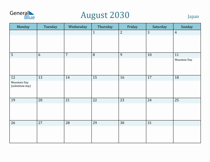 August 2030 Calendar with Holidays