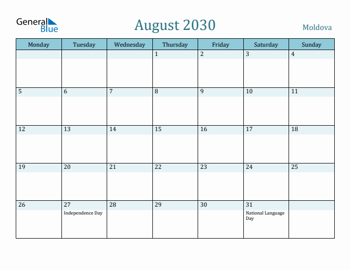 August 2030 Calendar with Holidays