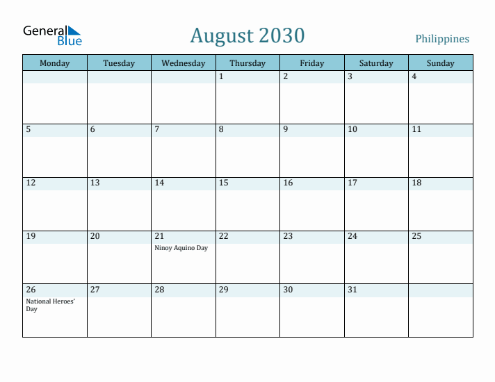 August 2030 Calendar with Holidays