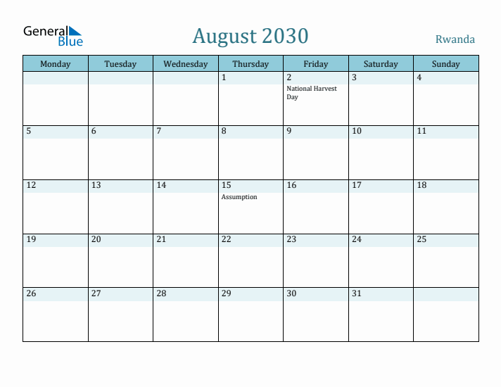 August 2030 Calendar with Holidays