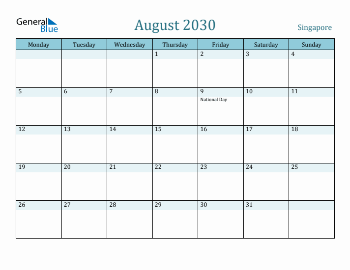 August 2030 Calendar with Holidays