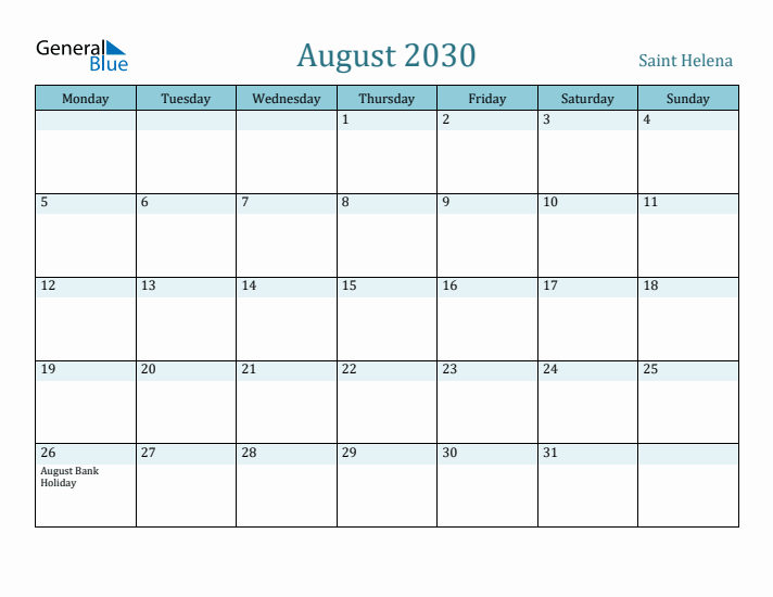 August 2030 Calendar with Holidays