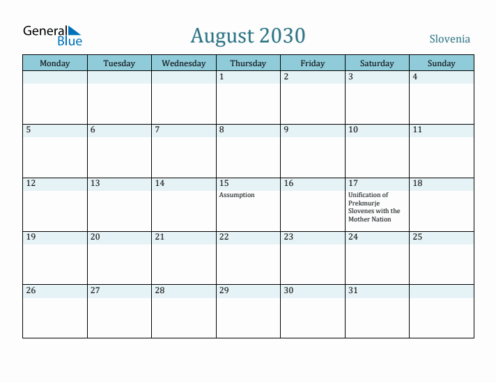 August 2030 Calendar with Holidays