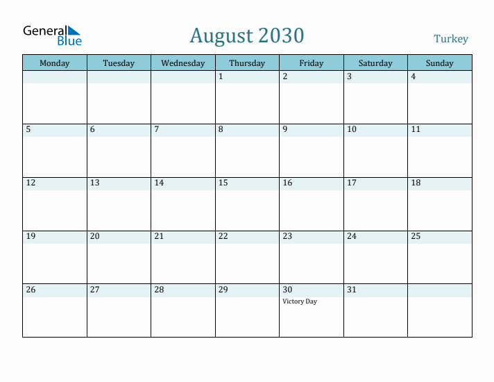 August 2030 Calendar with Holidays