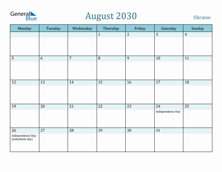 August 2030 Calendar with Holidays