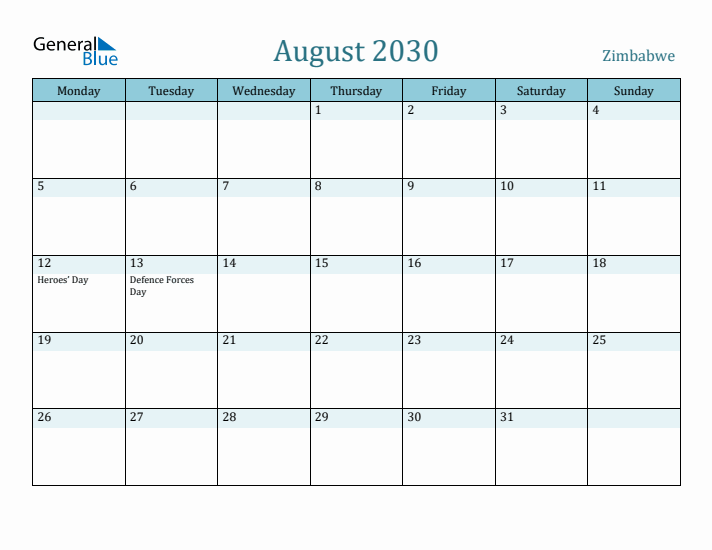 August 2030 Calendar with Holidays