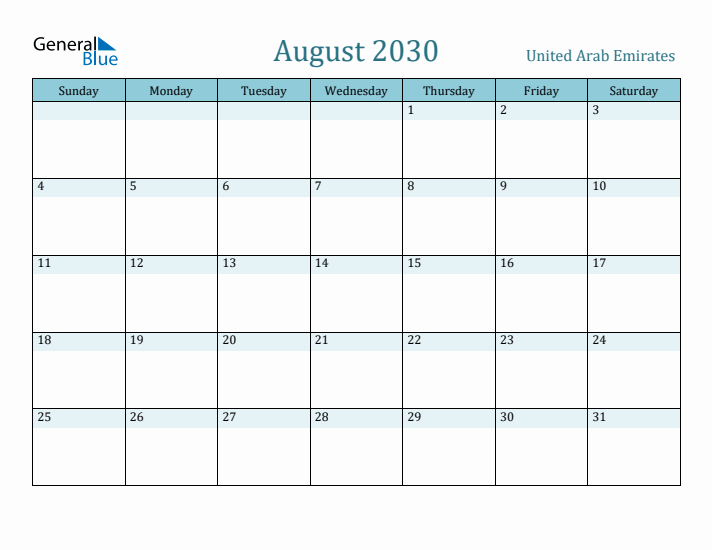 August 2030 Calendar with Holidays