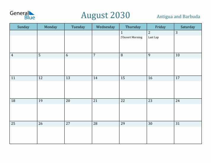 August 2030 Calendar with Holidays