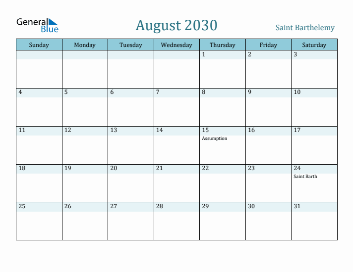 August 2030 Calendar with Holidays