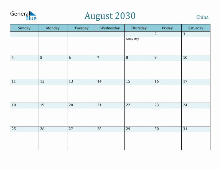 August 2030 Calendar with Holidays