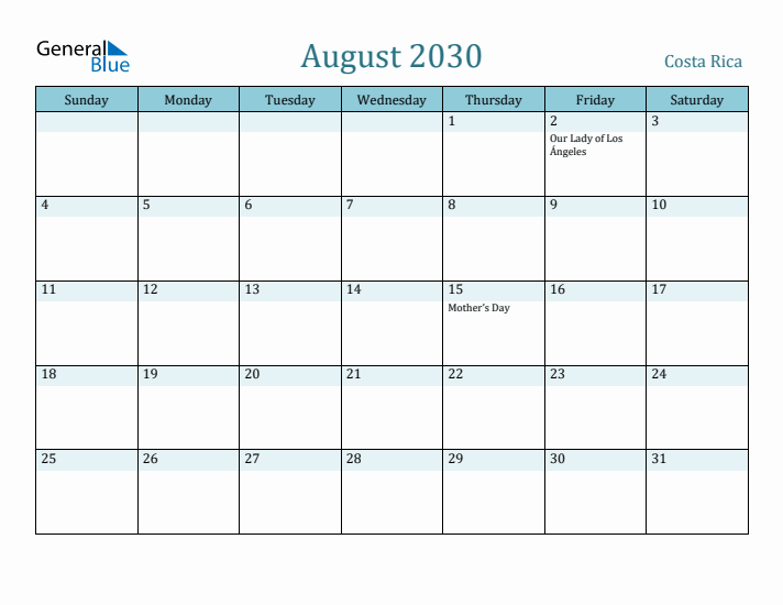 August 2030 Calendar with Holidays