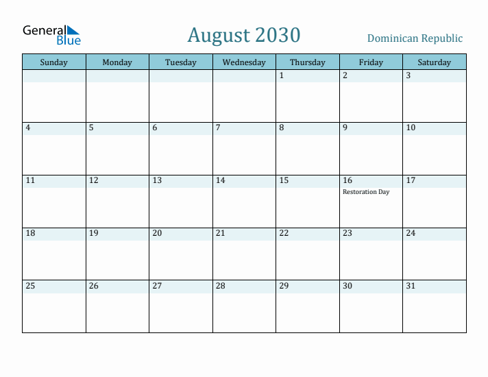 August 2030 Calendar with Holidays