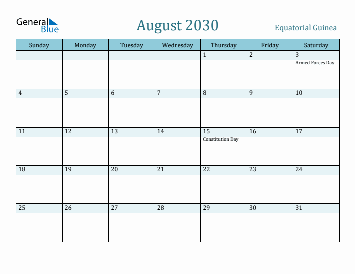 August 2030 Calendar with Holidays