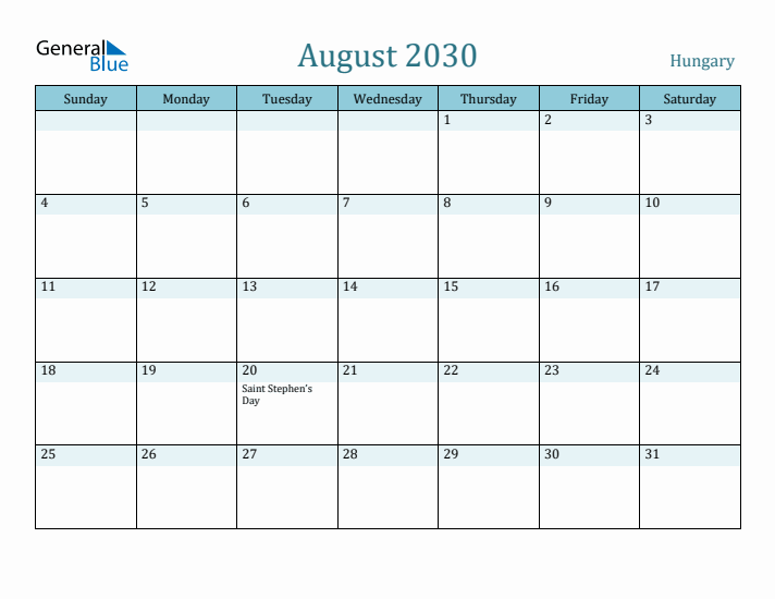 August 2030 Calendar with Holidays