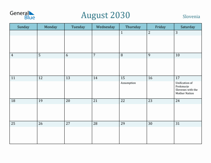 August 2030 Calendar with Holidays