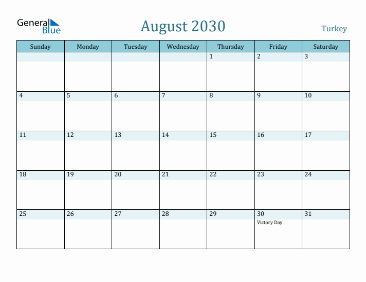 August 2030 Calendar with Holidays