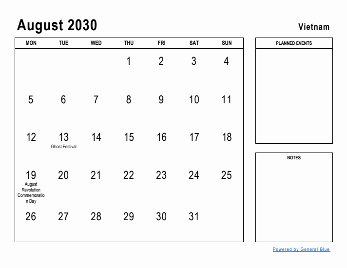 August 2030 Printable Monthly Calendar with Vietnam Holidays