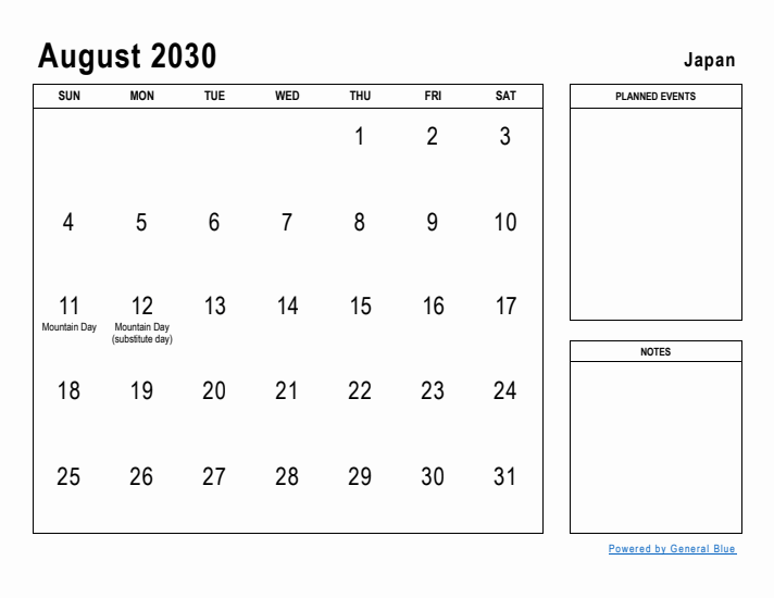 August 2030 Printable Monthly Calendar with Japan Holidays