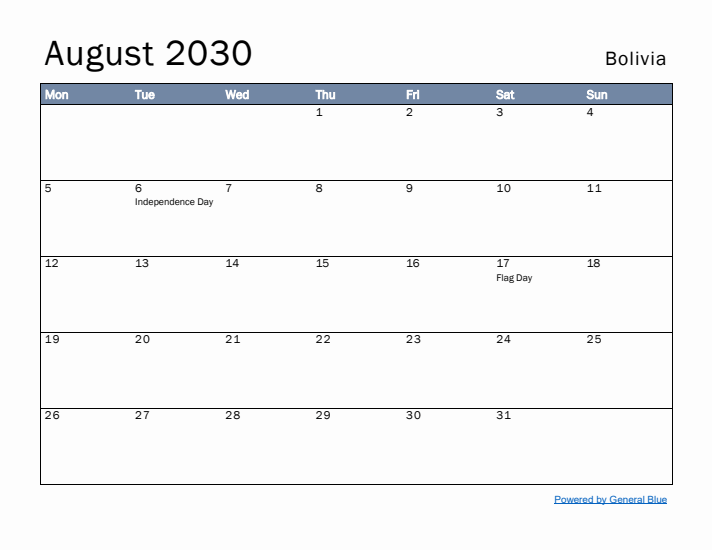 August 2030 Simple Monthly Calendar for Bolivia