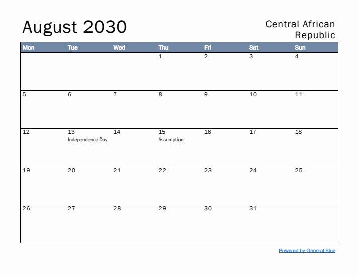 August 2030 Simple Monthly Calendar for Central African Republic