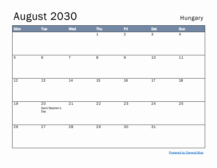 August 2030 Simple Monthly Calendar for Hungary