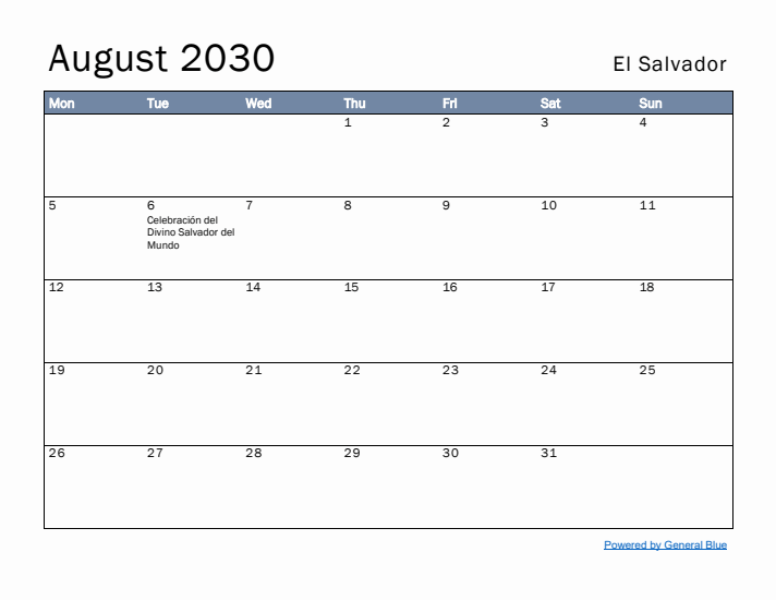 August 2030 Simple Monthly Calendar for El Salvador