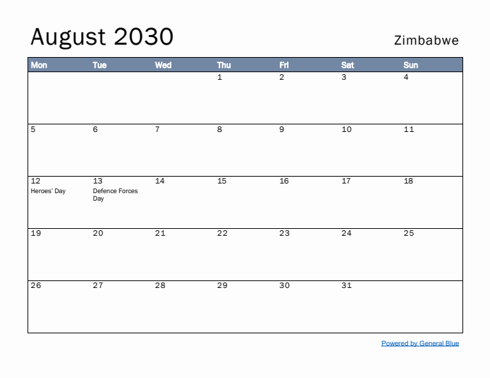 August 2030 Simple Monthly Calendar for Zimbabwe