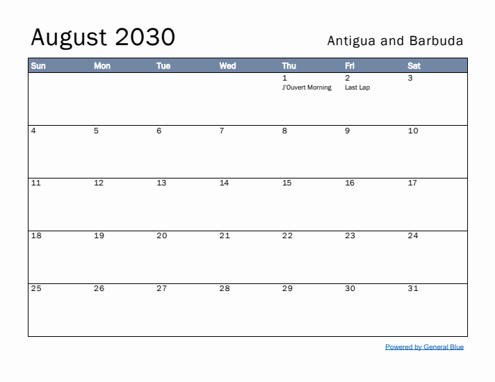 August 2030 Simple Monthly Calendar for Antigua and Barbuda