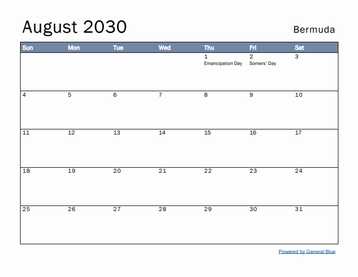 August 2030 Simple Monthly Calendar for Bermuda