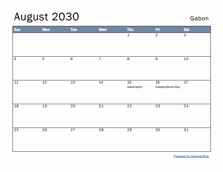 August 2030 Simple Monthly Calendar for Gabon