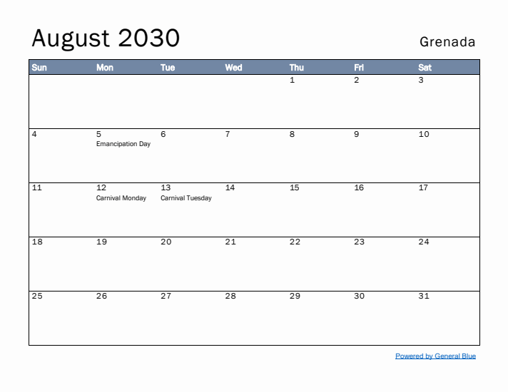 August 2030 Simple Monthly Calendar for Grenada