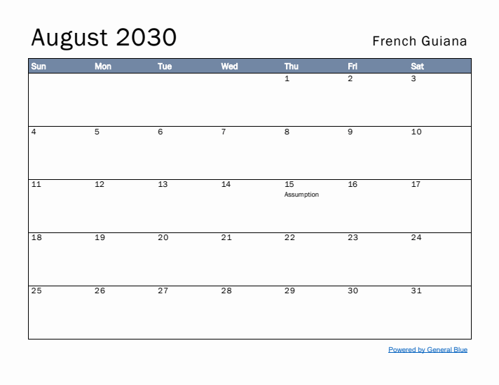 August 2030 Simple Monthly Calendar for French Guiana