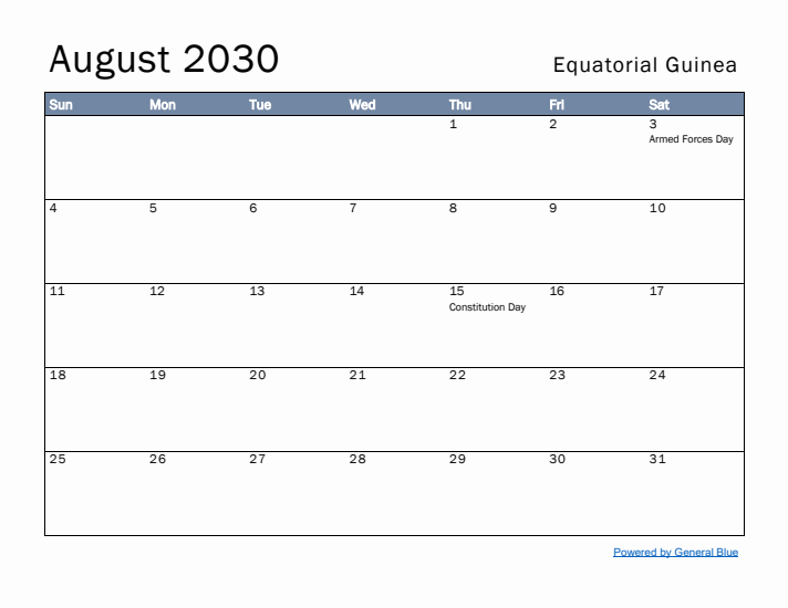 August 2030 Simple Monthly Calendar for Equatorial Guinea