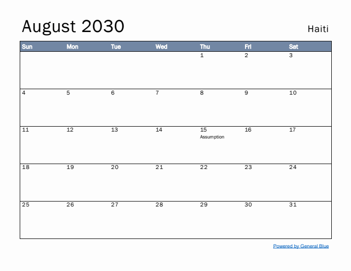 August 2030 Simple Monthly Calendar for Haiti