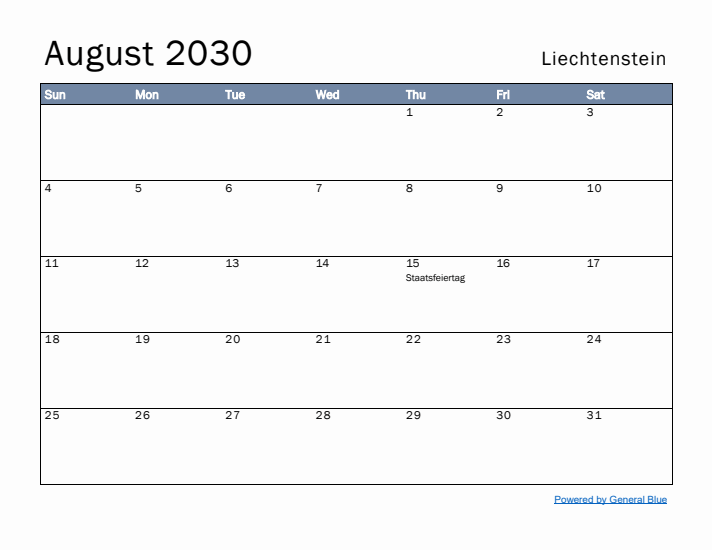 August 2030 Simple Monthly Calendar for Liechtenstein