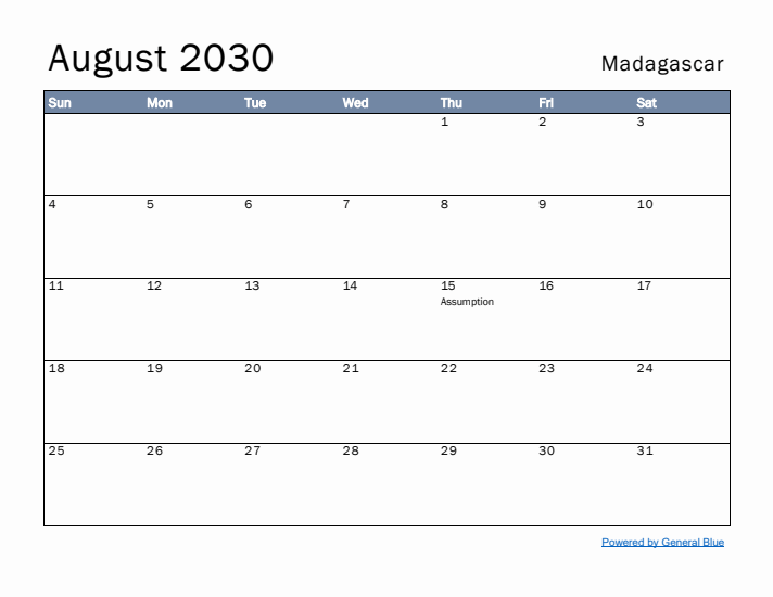 August 2030 Simple Monthly Calendar for Madagascar