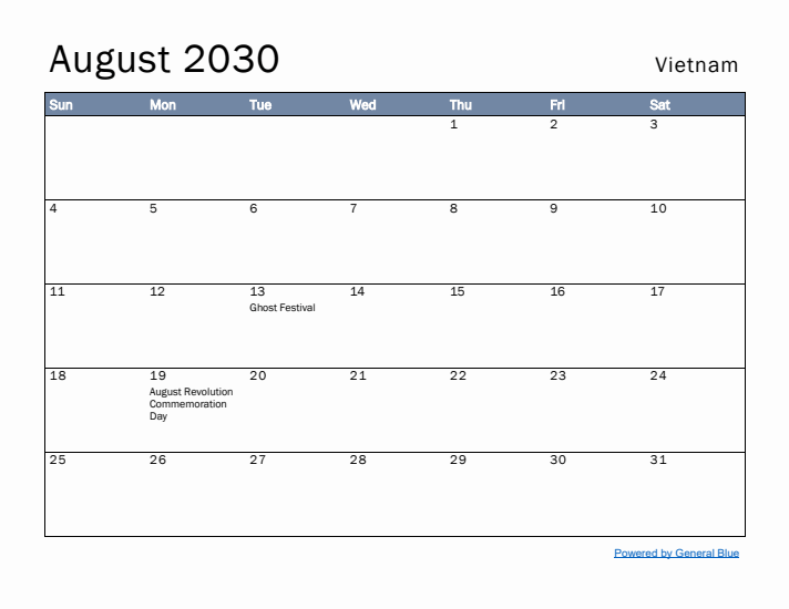 August 2030 Simple Monthly Calendar for Vietnam