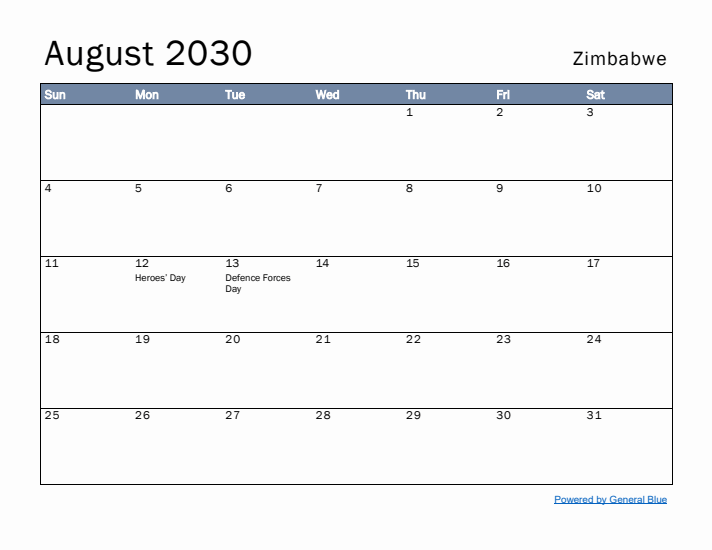 August 2030 Simple Monthly Calendar for Zimbabwe