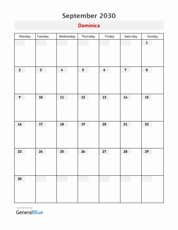 Dominica September 2030 Calendar with Holidays