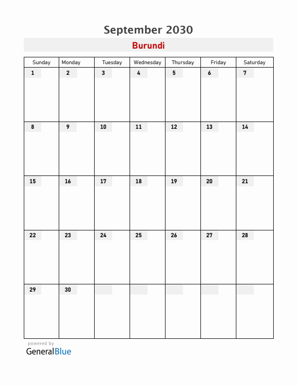 Burundi September 2030 Calendar with Holidays