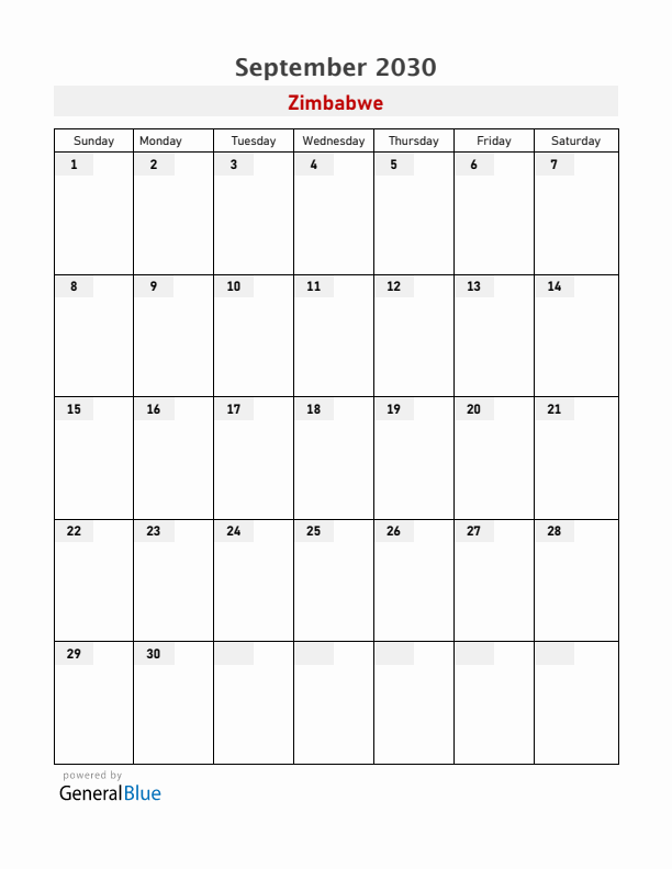 Zimbabwe September 2030 Calendar with Holidays