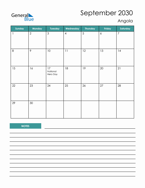 Calendar with Notes Printable - Sunday Start