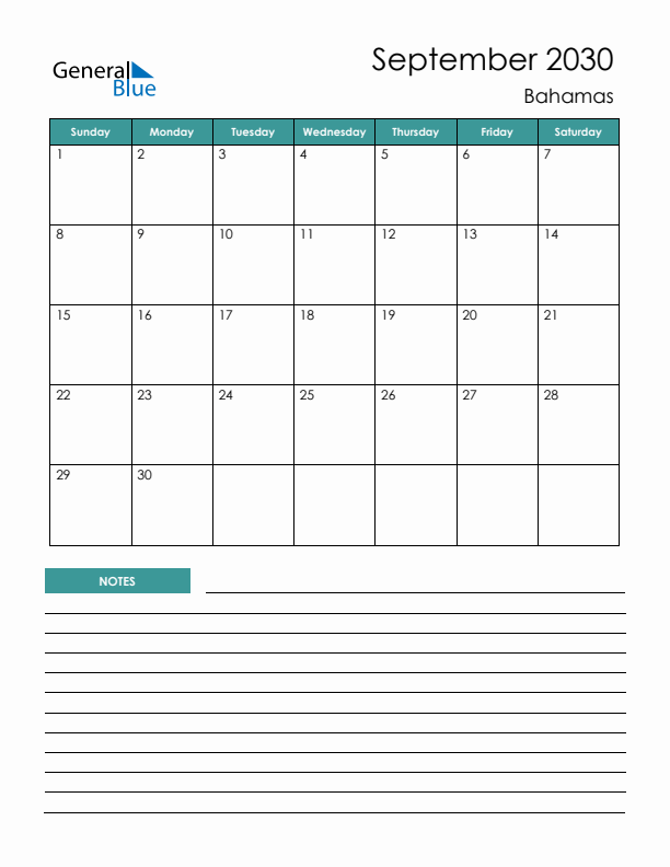 Calendar with Notes Printable - Sunday Start