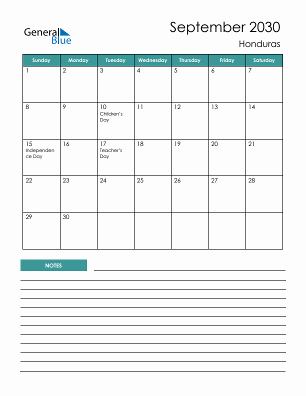 Calendar with Notes Printable - Sunday Start